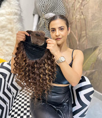 Dark Brown Curly Full Head Wig with Caramel Highlights